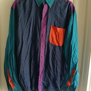 Paul Fredrick Shirt XL Blue Color Block Preppy 100% Pure Linen 90s Long Sleeve